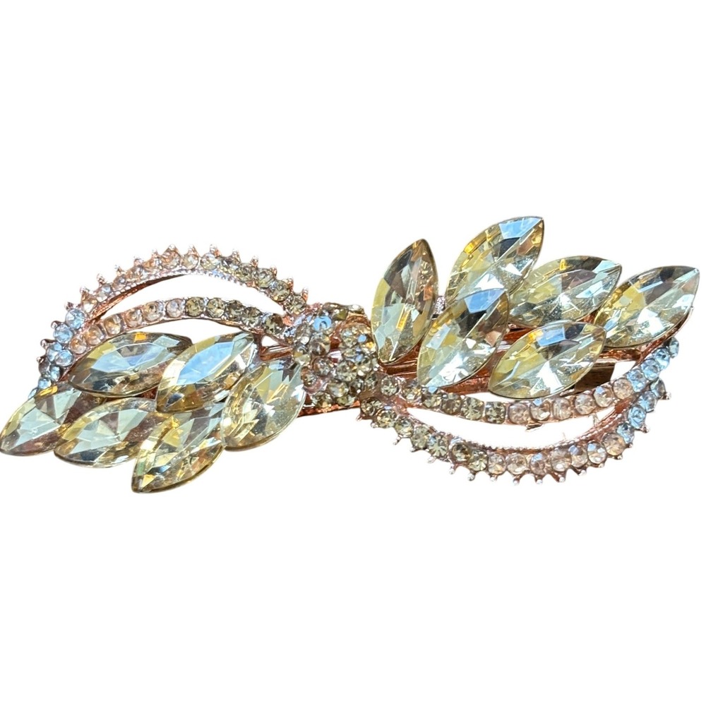 Sparkling Crystal Leaf Design Barrette Rose Gold Tone Women Hair Clip Accessory